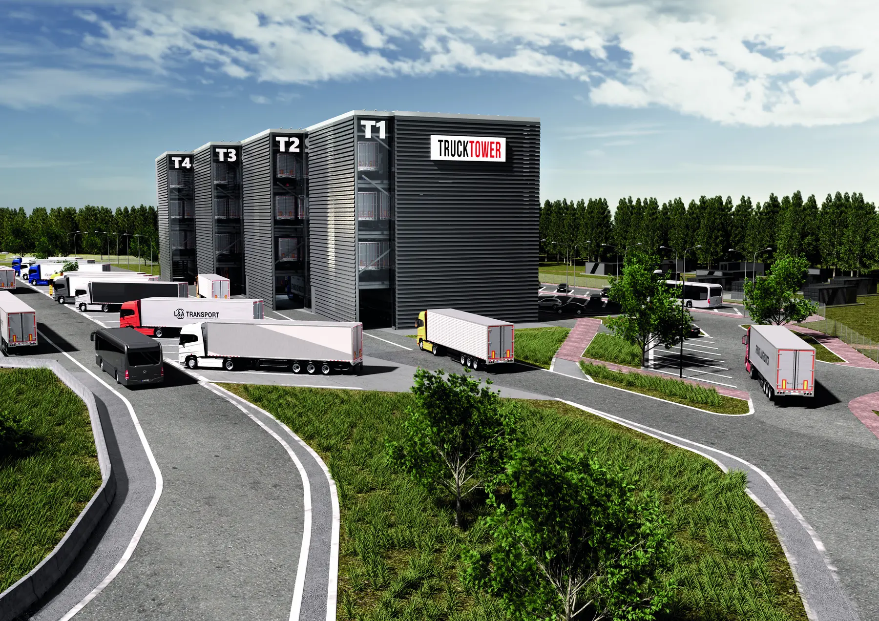 Vier Tower-Module T1 bis T4 mit ankommenden Sattelzügen