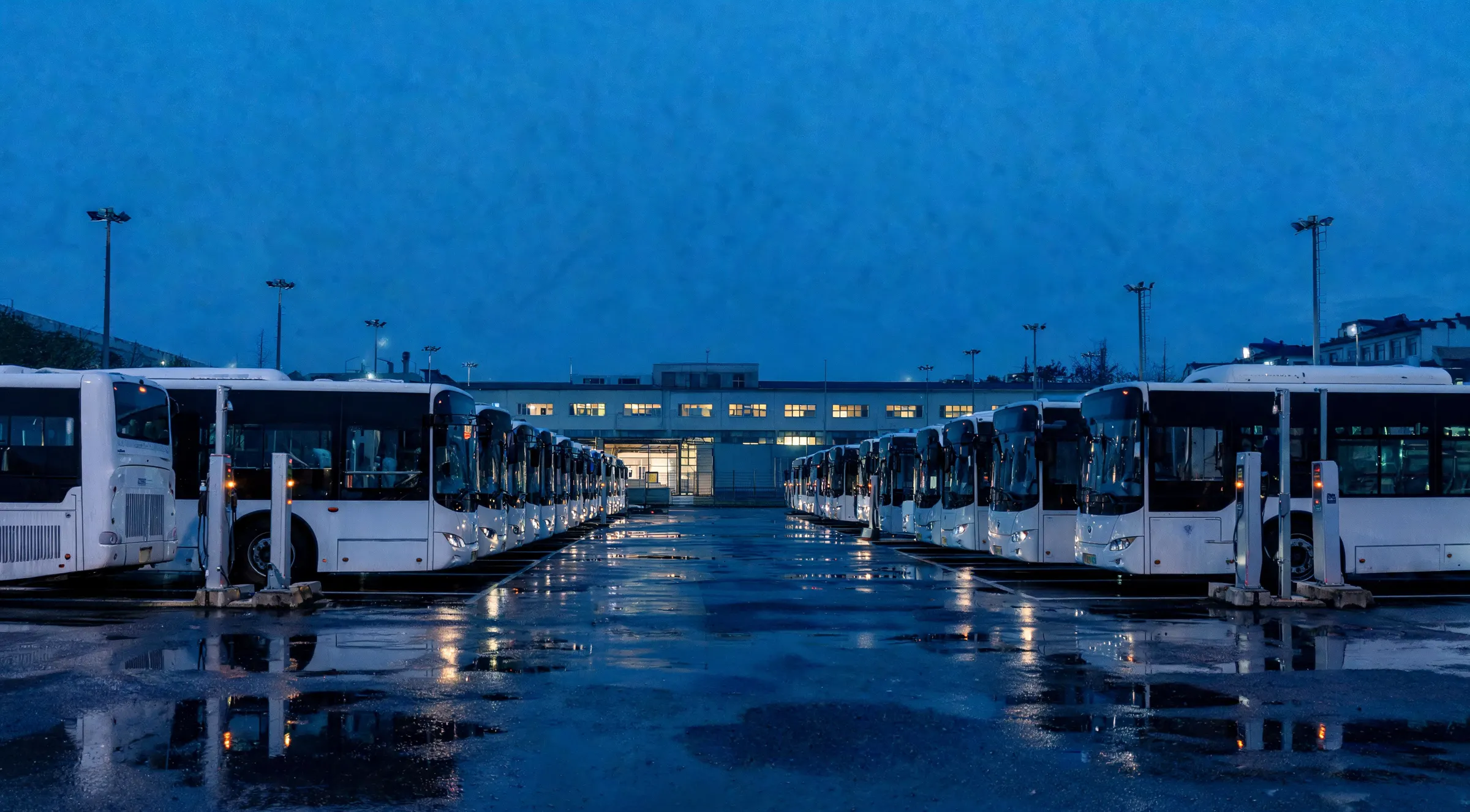 Busbetriebshof in der blauen Stunde mit Ladesäulen