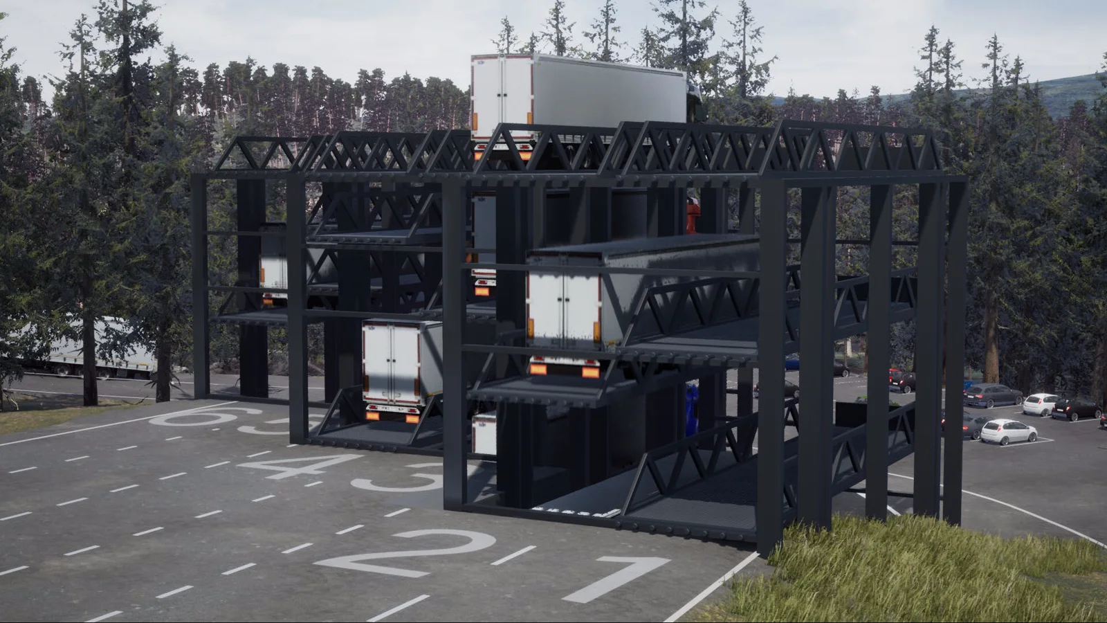 Visualisierung: offener Stack auf einem Hof, LKW auf mehreren Ebenen