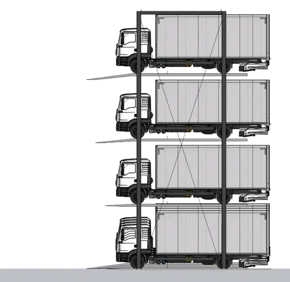 Seitenriss: vier LKW übereinander